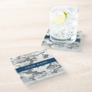 Winter Snow Grey Camouflage Your name Personalize Glass Coaster