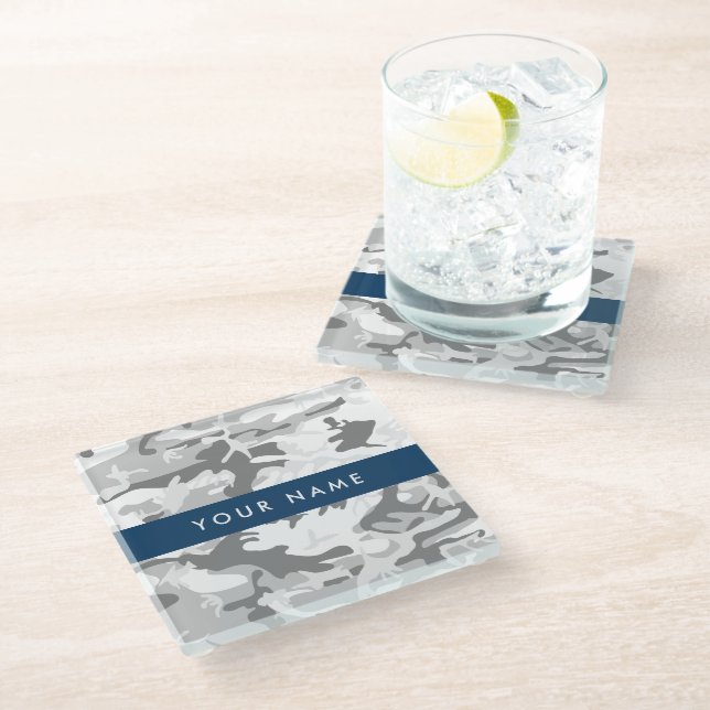 Winter Snow Grey Camouflage Your name Personalize Glass Coaster (Angled)