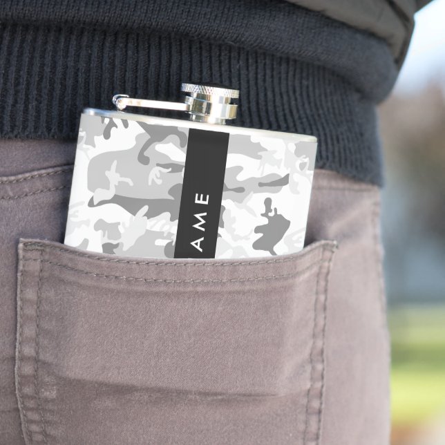 Winter Snow Grey Camouflage Your name Personalize Hip Flask (In Situ)