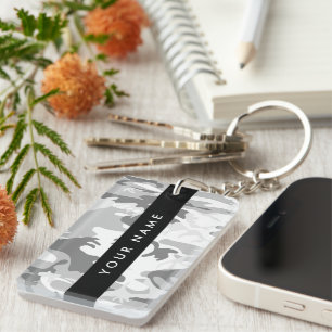 Winter Snow Grey Camouflage Your name Personalize Keychain