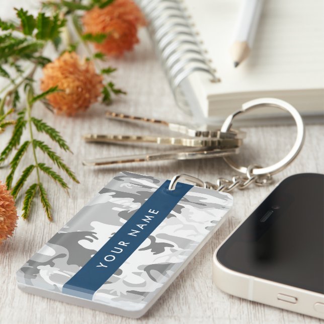 Winter Snow Grey Camouflage Your name Personalize Keychain (Front Right)
