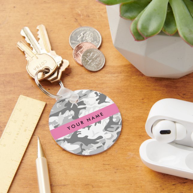 Winter Snow Grey Camouflage Your name Personalize Keychain (Desk)