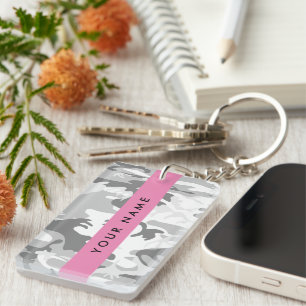 Winter Snow Grey Camouflage Your name Personalize Keychain