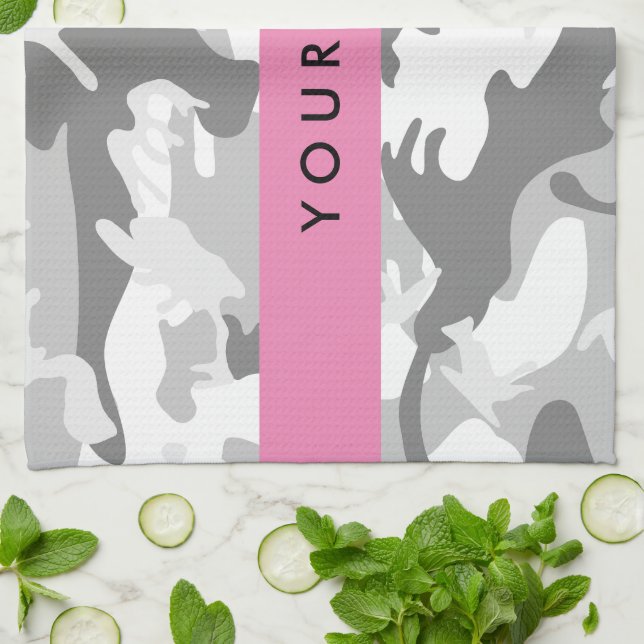 Winter Snow Grey Camouflage Your name Personalize Kitchen Towel (Folded)