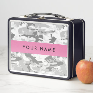 Winter Snow Grey Camouflage Your name Personalize Metal Lunch Box