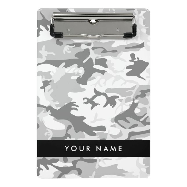 Winter Snow Grey Camouflage Your name Personalize Mini Clipboard (Front)