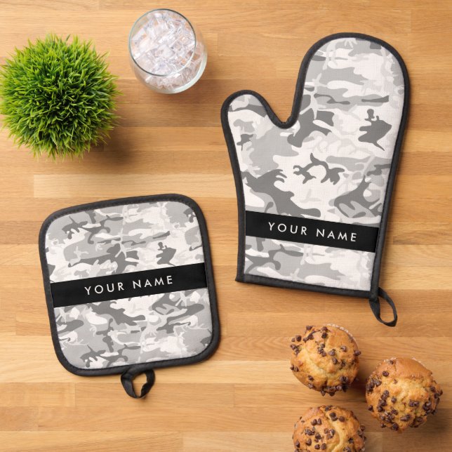Winter Snow Grey Camouflage Your name Personalize Oven Mitt & Pot Holder Set (Top Down)