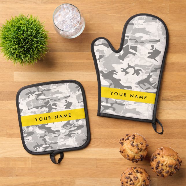 Winter Snow Grey Camouflage Your name Personalize Oven Mitt & Pot Holder Set (Top Down)