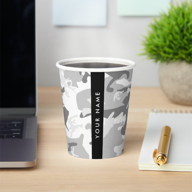 Winter Snow Grey Camouflage Your name Personalize Paper Cups (Insitu)