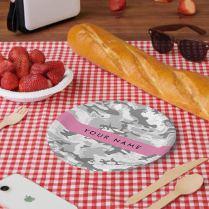 Winter Snow Grey Camouflage Your name Personalize Paper Plate