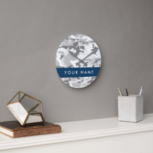 Winter Snow Grey Camouflage Your name Personalize Round Clock