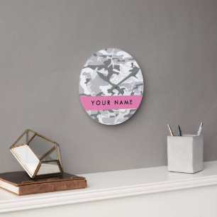 Winter Snow Grey Camouflage Your name Personalize Round Clock