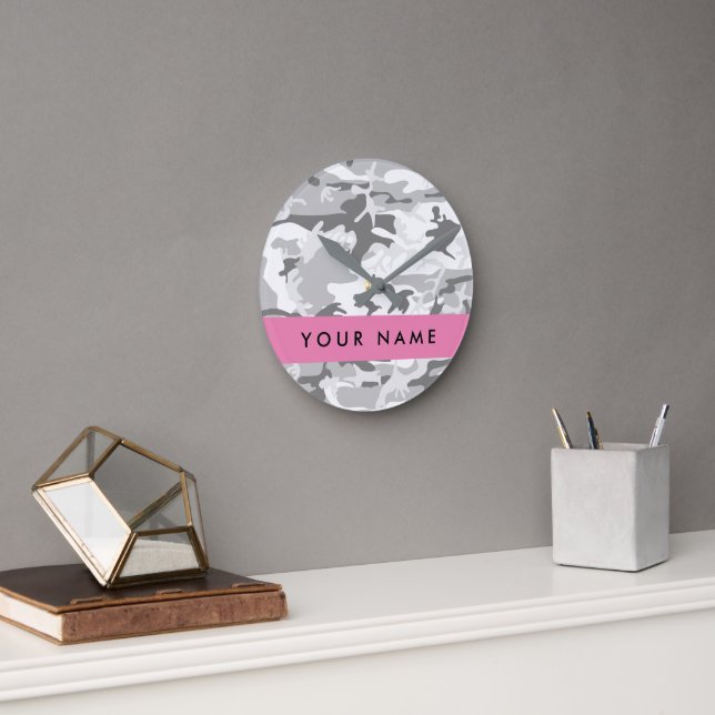 Winter Snow Grey Camouflage Your name Personalize Round Clock (Office)