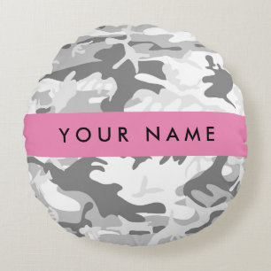 Winter Snow Grey Camouflage Your name Personalize Round Pillow