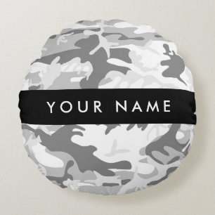 Winter Snow Grey Camouflage Your name Personalize Round Pillow