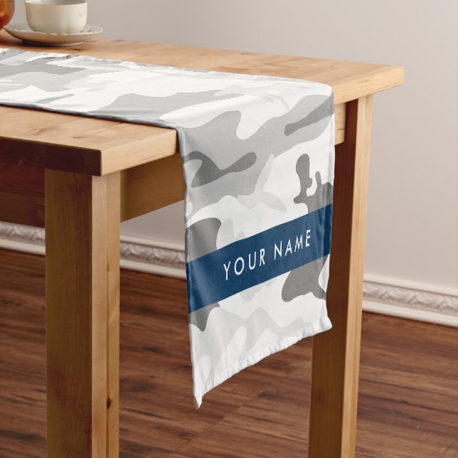 Winter Snow Grey Camouflage Your name Personalize Short Table Runner (In Situ)