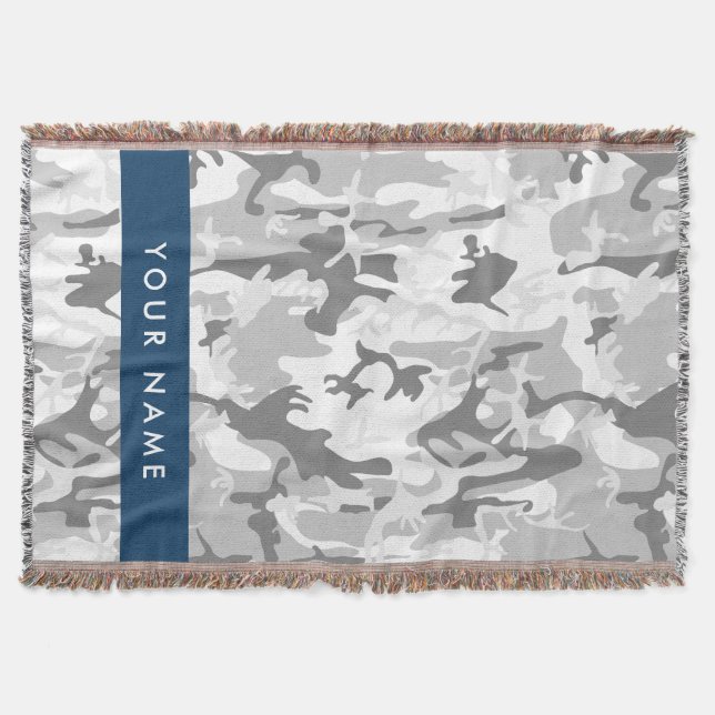 Winter Snow Grey Camouflage Your name Personalize Throw Blanket (Front)