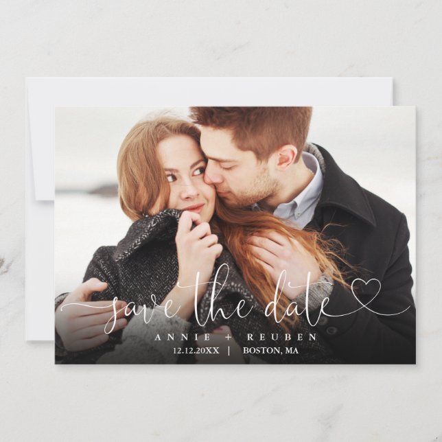 Winter Snow Heart Script Photo Wedding Save The Date (Front)