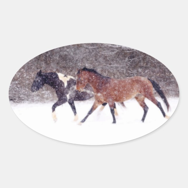 Winter Snow Horses in Barn Oval Sticker (Front)