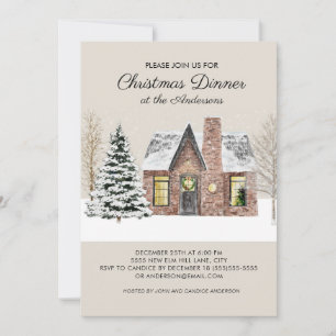 Winter Snow House Pine Tree Christmas Dinner Invitation