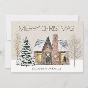 Winter Snow House Pine Tree Merry Christmas Holiday Card
