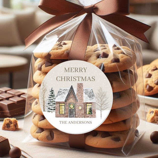 Winter Snow House Pine Tree Merry Christmas Name Classic Round Sticker ("Merry Christmas" winter snow gift sticker)