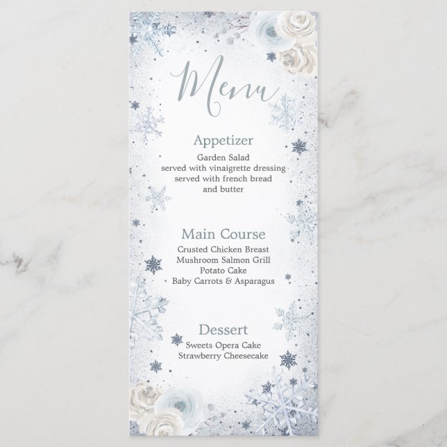 Winter Snow in Love Snowflake Bridal Shower Menu (Front)