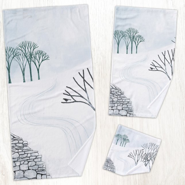 Winter Snow Landscape Art Bath Towel Set (Winter landscape art with trees birds and dry stone wall art bathroom towel set)