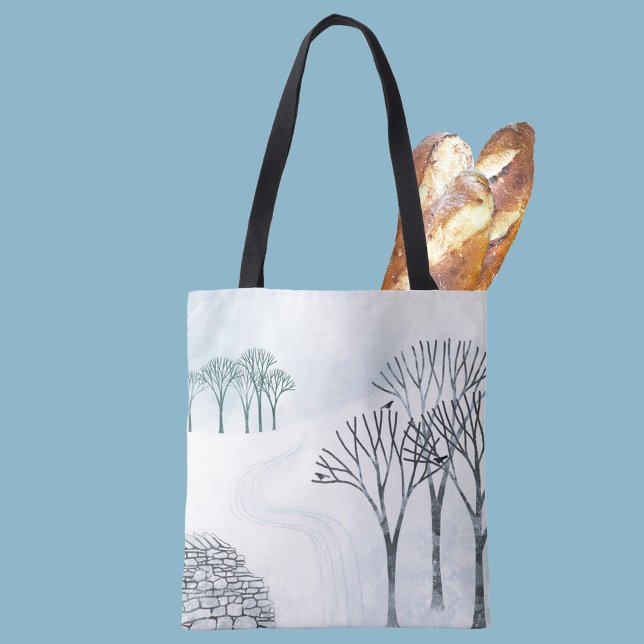 Winter Snow Landscape Painting Tote Bag (Winter landscape tree art tote bag)