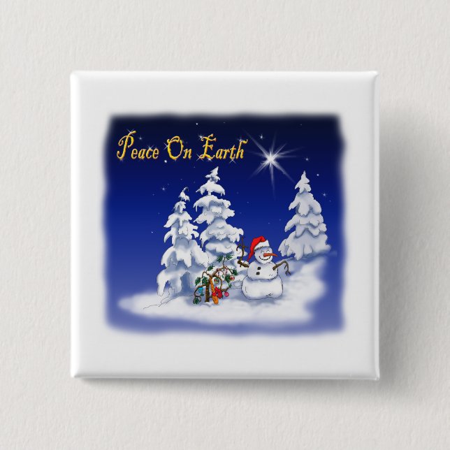 Winter Snow Man Peace on Earth 2 Inch Square Button (Front)