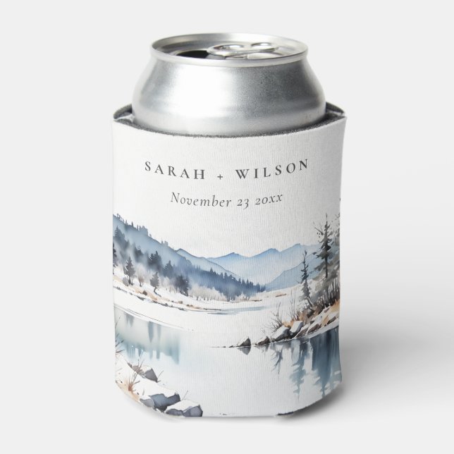 Winter Snow Mountain Lake Landscape Wedding Can Cooler (Can Front)