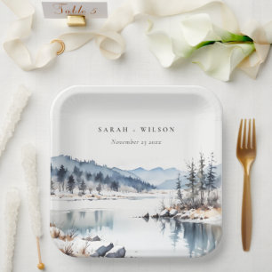 Winter Snow Mountain Lake Landscape Wedding Paper Plate