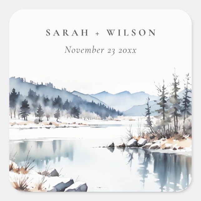 Winter Snow Mountain Lake Landscape Wedding Square Sticker (Front)