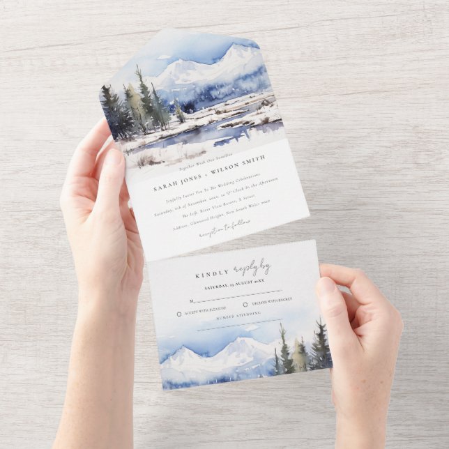 Winter Snow Mountain Ski Landscape Wedding All In One Invitation (Tearaway)