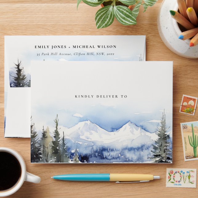 Winter Snow Mountain Ski Landscape Wedding Envelope (Desk)