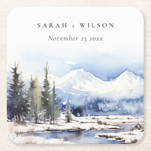 Winter Snow Mountain Ski Landscape Wedding Square Paper Coaster