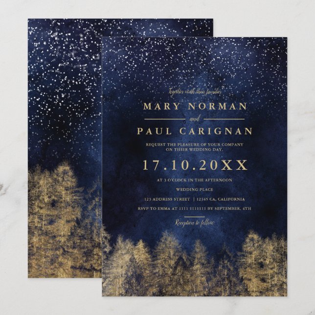 Winter snow navy blue pine trees forest wedding invitation (Front/Back)