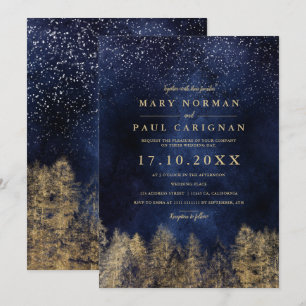 Winter snow navy blue pine trees forest wedding invitation