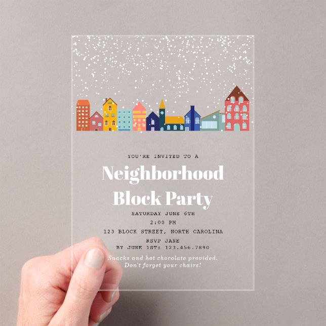 Winter Snow Neighborhood Block Party Acrylic Invitations (Insitu (Handheld))