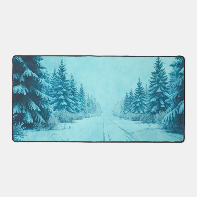 Winter Snow on Pine Trees Desk Mat (Front)