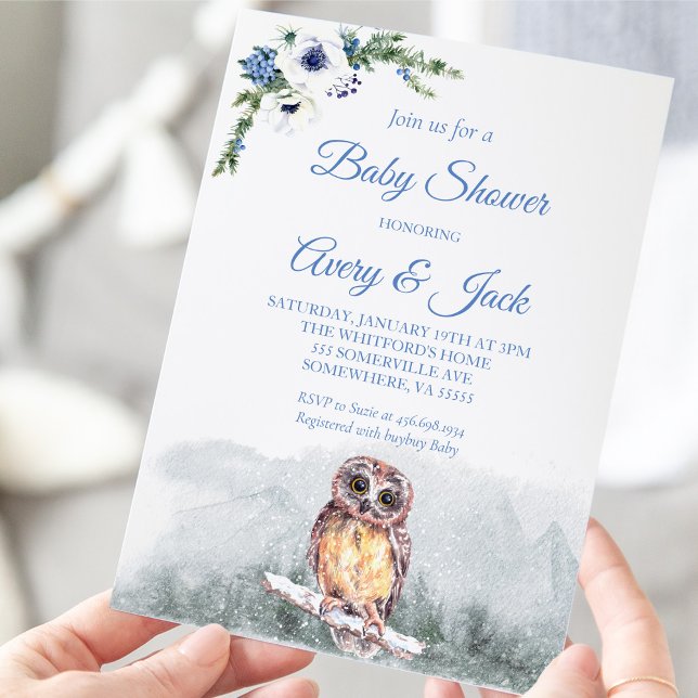 Winter Snow Owl Blue Baby Shower Guest Invitation (Creator Uploaded)