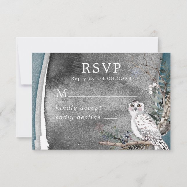 Winter Snow Owl Moon Branch Paint Wedding RSVP Card (Front)