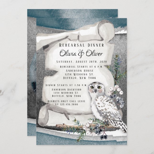 Winter Snow Owl Moon Scroll Rehearsal Dinner  Invitation (Front/Back)
