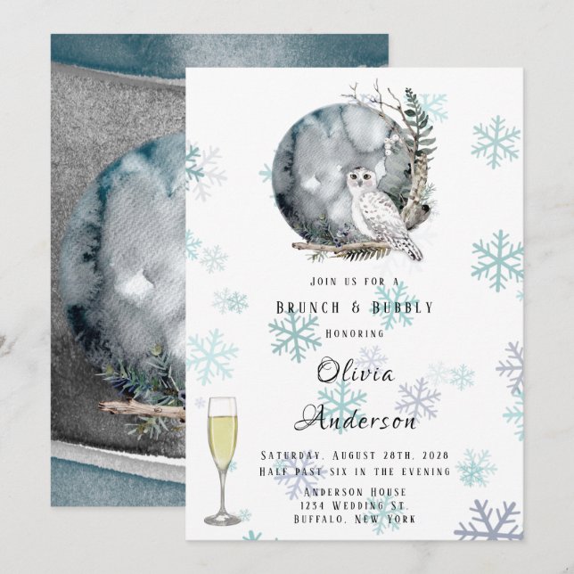 Winter Snow Owl Watercolor Brunch & Bubbly Invitation (Front/Back)