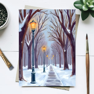 Winter Snow Park Street Lamps City Watercolor Postcard