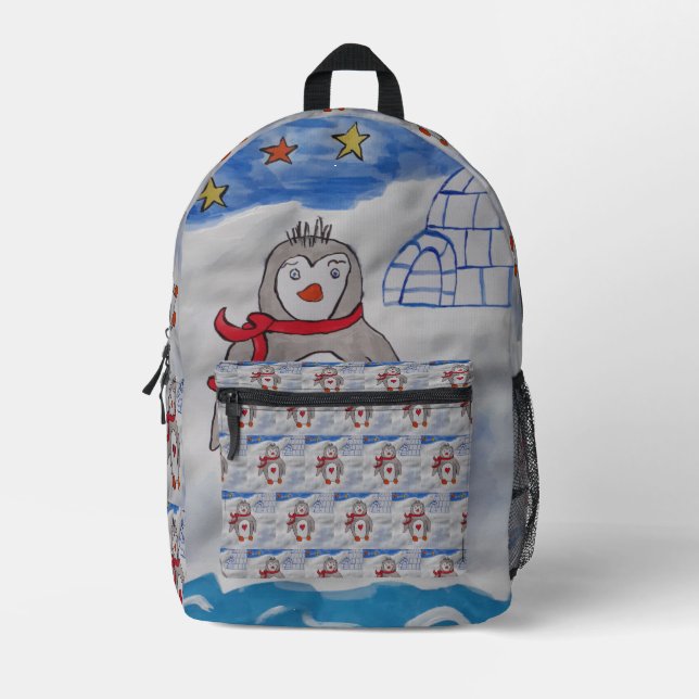 Winter Snow Penguin Printed Backpack (Front)