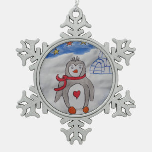 Winter Snow Penguin Snowflake Pewter Christmas Ornament