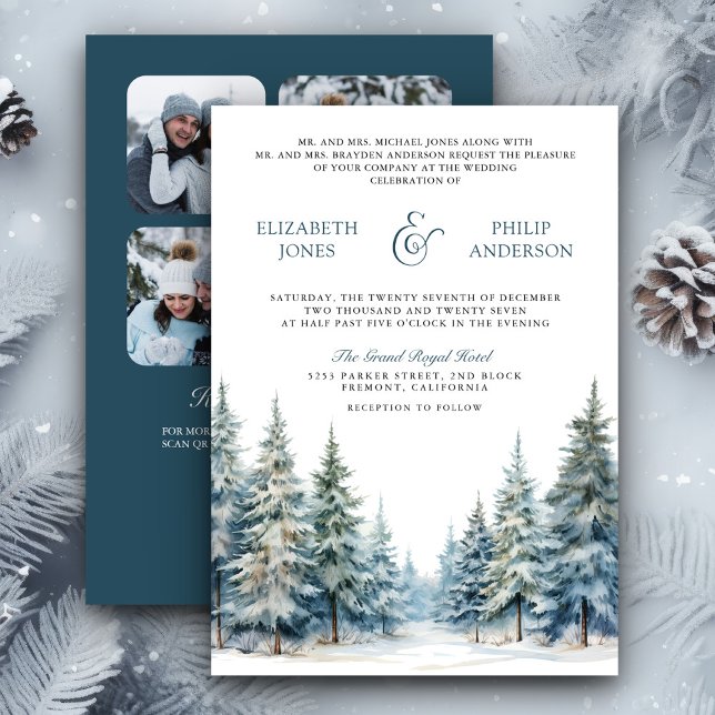 Winter Snow Pine Tree Forest Photo QR Code Wedding Invitation (Creator Uploaded)