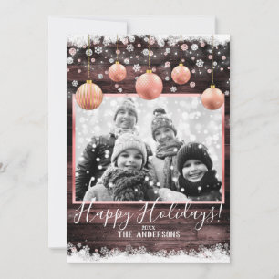 Winter Snow & Pink Ornaments Holiday Photo Card