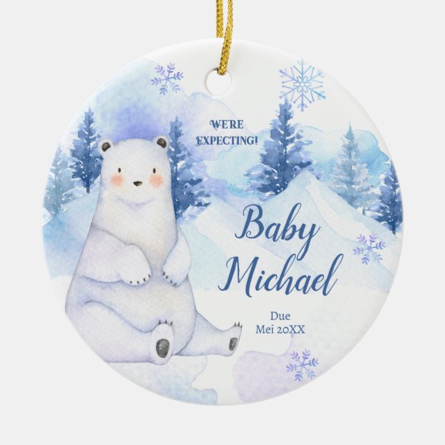 Winter Snow Polar Bear We're Expecting Parents Ceramic Ornament (Front)